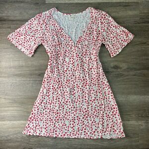 Billabong Red Floral V-Neck Mini Dress Short Sleeve Rayon XS White